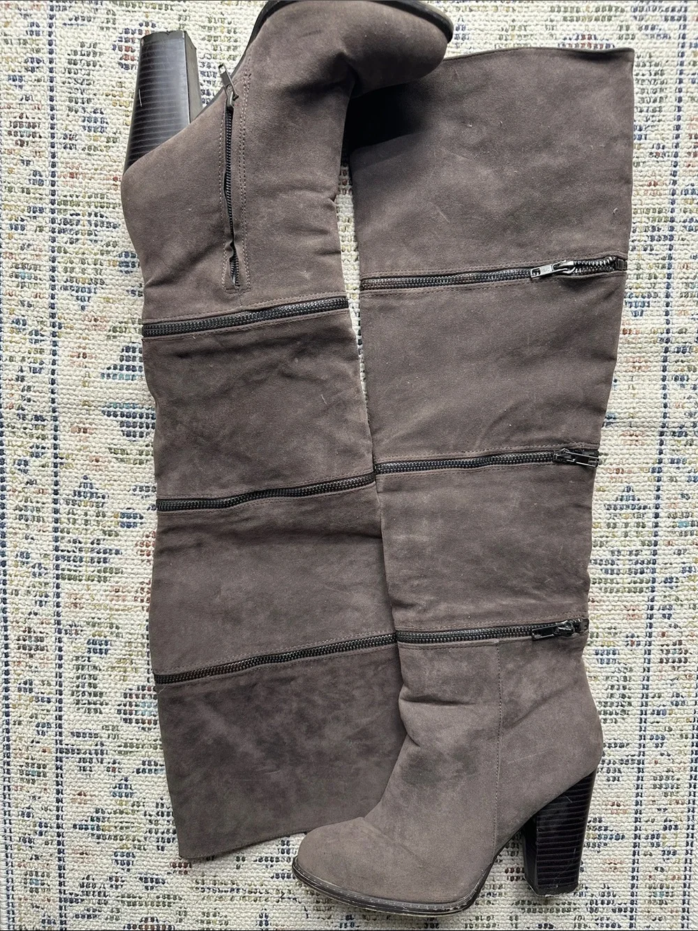 Tall Gray Suede Over-the-Knee Heeled Boots